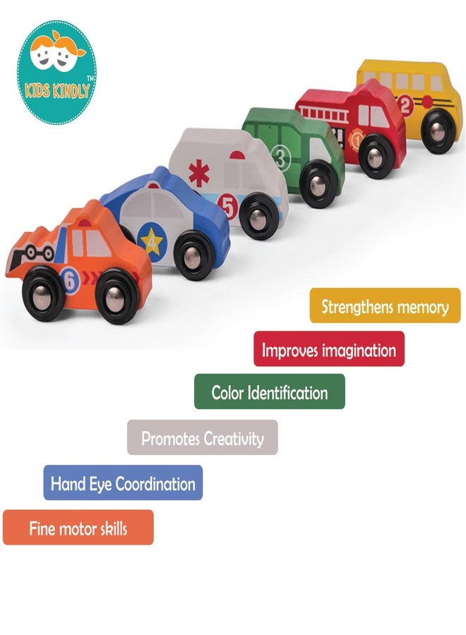 KIDS KINDLY Mini Vehicle Wooden Toys - Age 3 & Set of 6 Ambulance Wooden Small Toys for Kids, Cars Set Classic Rescue & Construction Vehicles Driving Cars for Boys Girls Educational Plays - Image 3